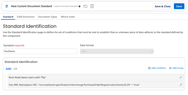 Screenshot of custom document standard rule identification screen