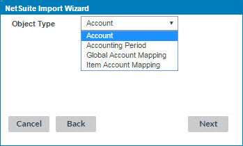 NetSuite Import Wizard with Object Type drop-down list.