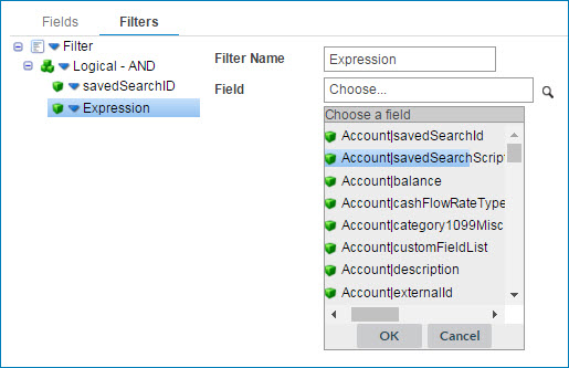 Filters dialog showing savedSearch filters.
