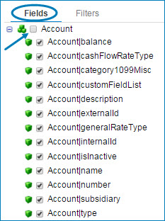 NetSuite operation with Fields tab selected.