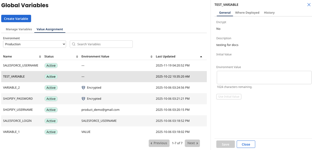 the value assignment tab, showing a variable selected and the information pane