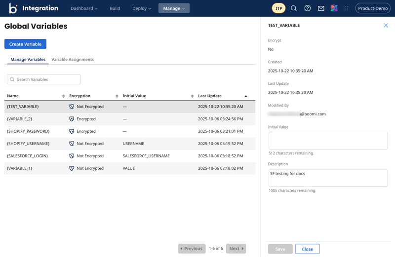 the global variables page, showing a variable selected and the information pane displayed