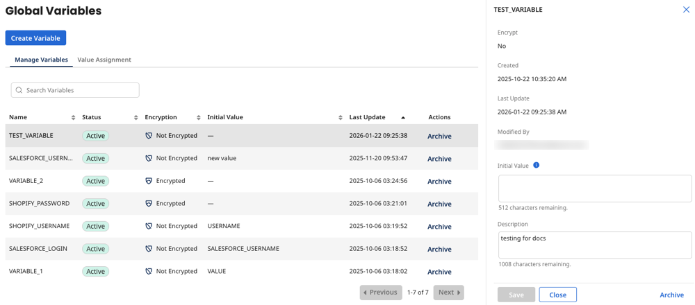 the global variables page, showing a variable selected and the information pane displayed