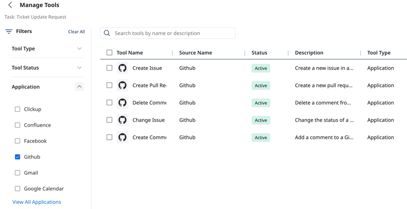 screenshot of Application filter selected