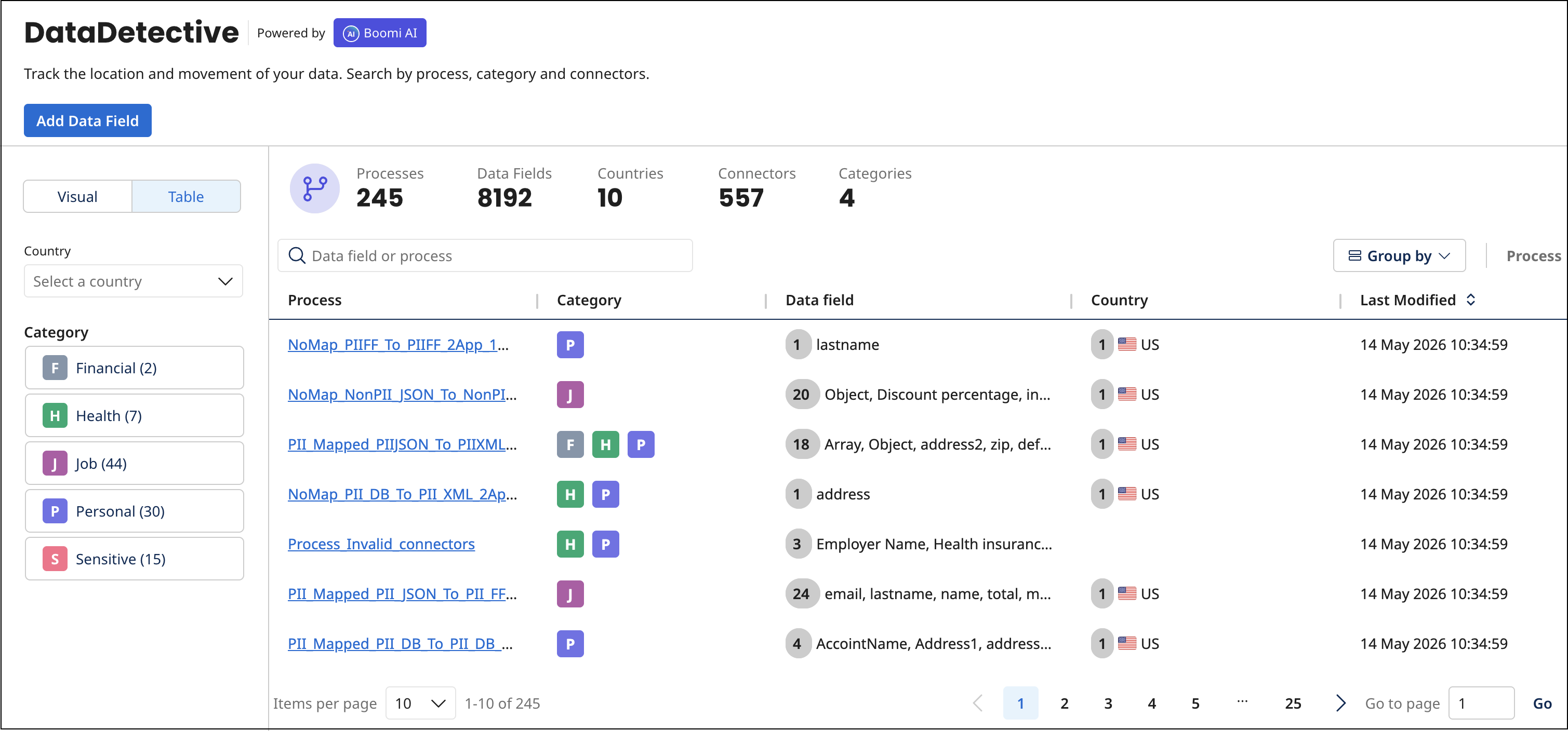 Boomi DataDetective table view with filters