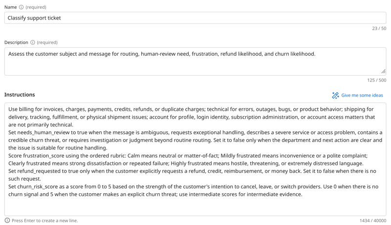 Screenshot of a task configuration for a support ticket classifier showing the task name, description, and detailed instructions that define routing rules for each department, thresholds for boolean fields, rubric levels for frustration scoring, and churn risk scoring criteria.