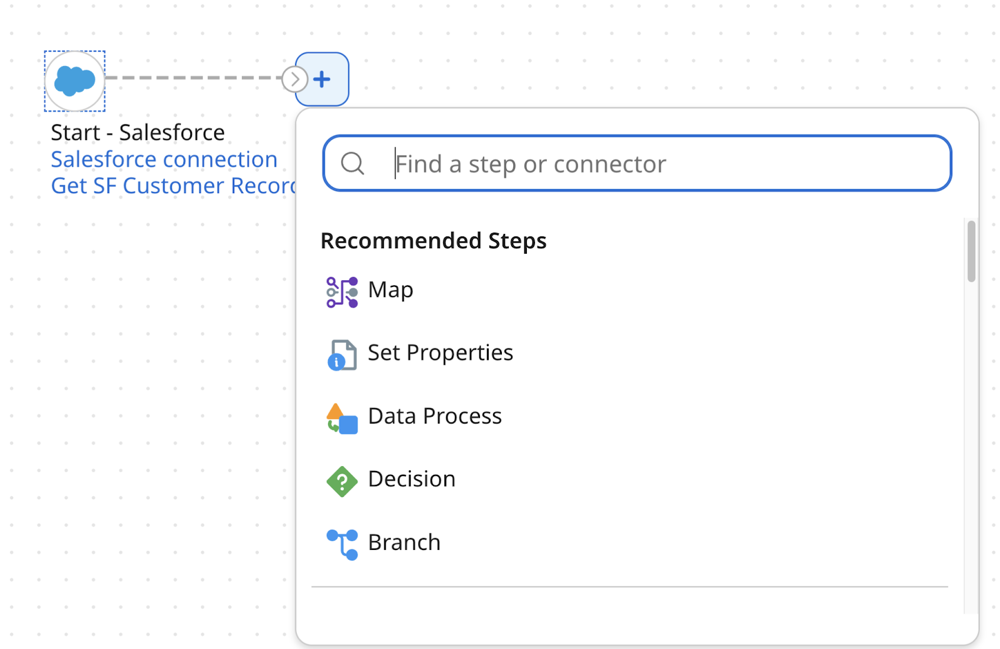 shows Recommended steps menu when choosing the next connector