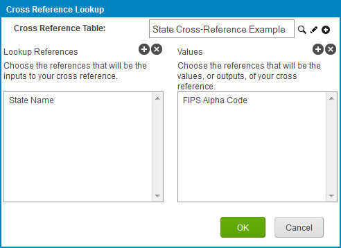 Cross Reference Lookup dialog example showing a single input and single ...