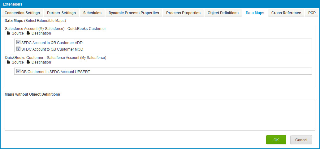 Extensions dialog, Data Maps tab.