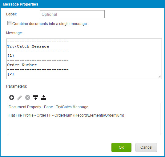 Message Properties dialog showing the Try/Catch message configuration