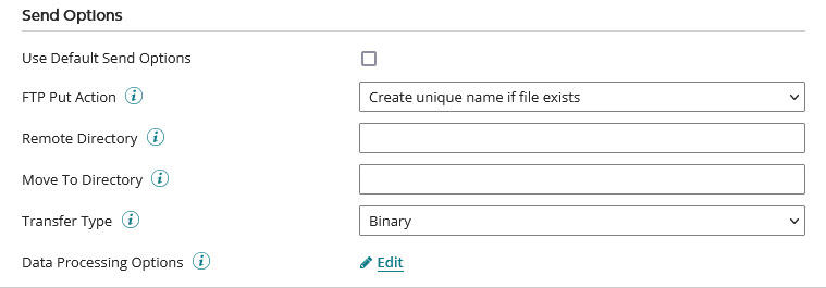 Trading Partner Communication tab, FTP Send Options configuration.