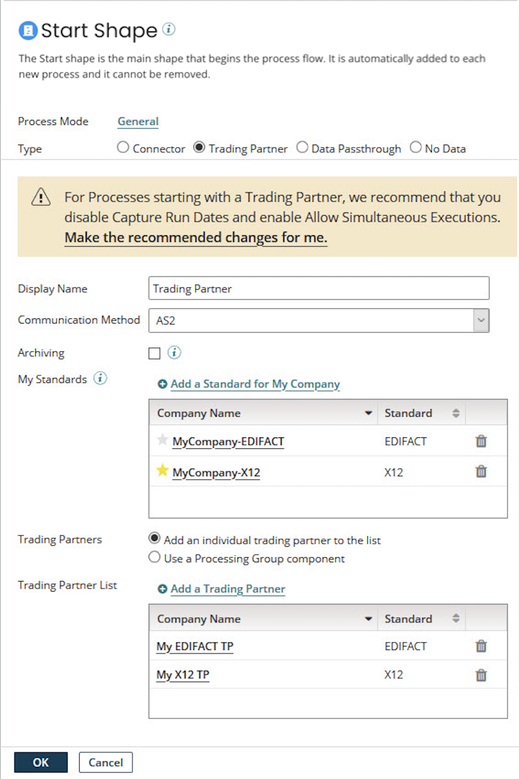 Start step dialog, Trading Partner option