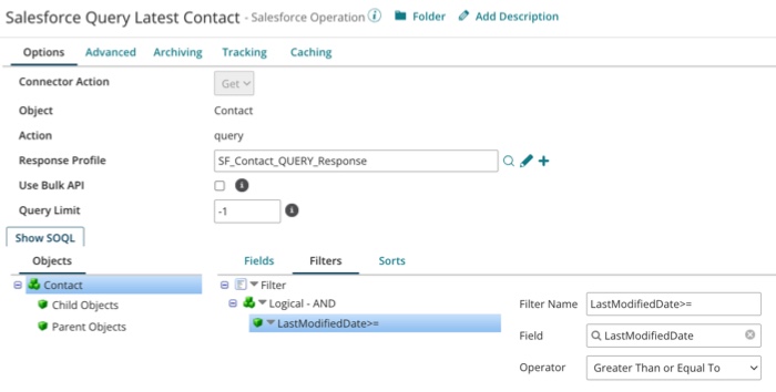 Configuring a filter for the Operation on the Last Modified Date field in the source