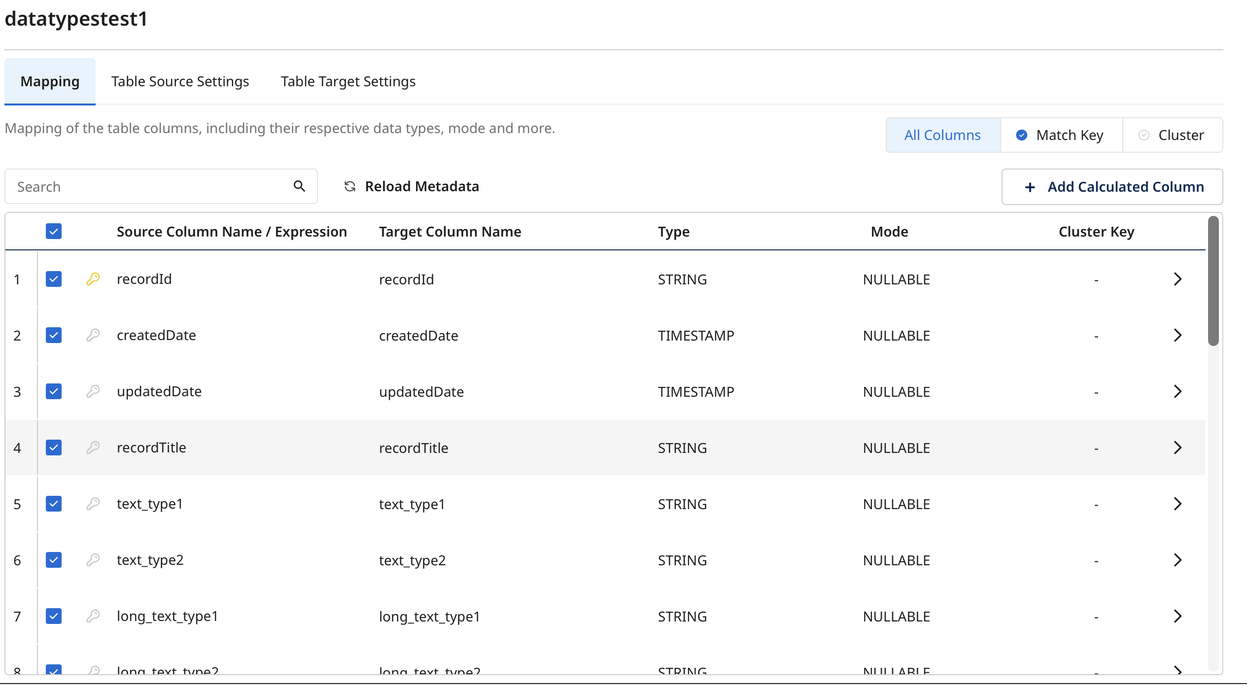 Mapping tab for a CDC-enabled model showing recordId, createdDate, updatedDate, and recordTitle offered and checked as source columns