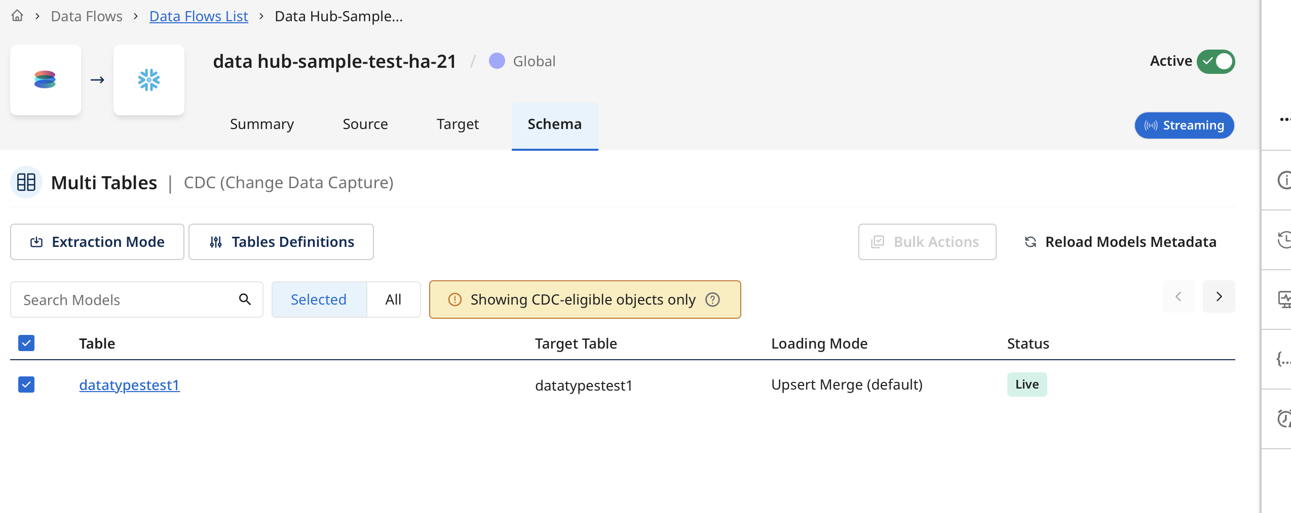 Schema tab showing a table with Status: Live
