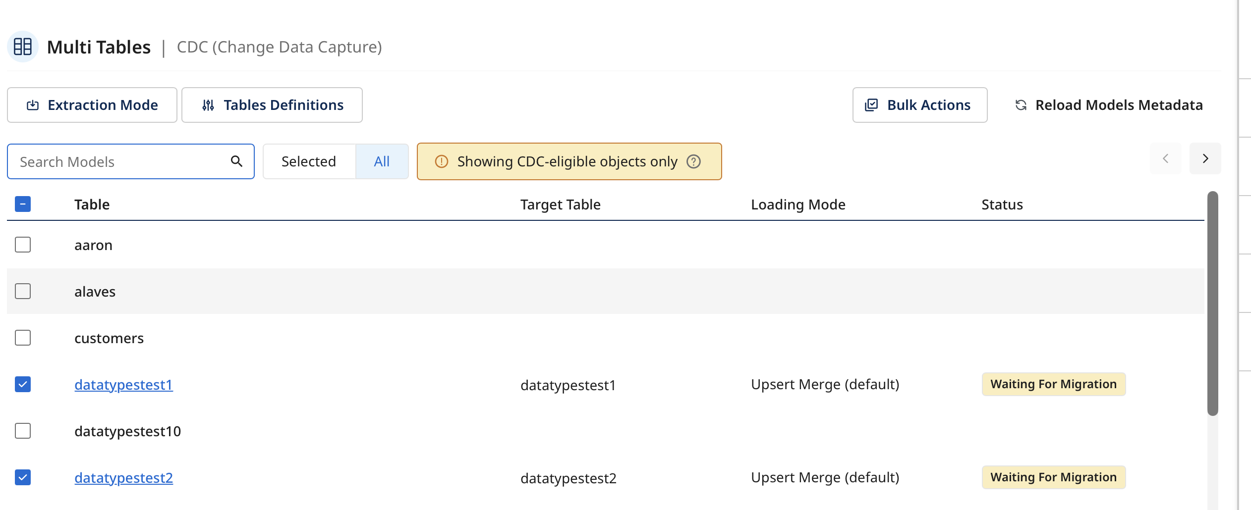 Schema tab showing tables with Status: Waiting For Migration