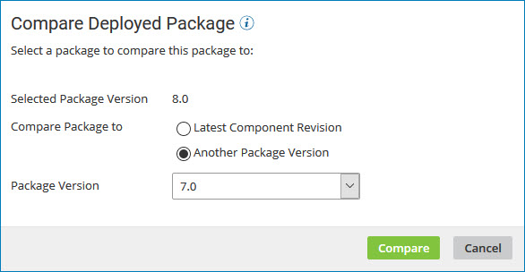Package versions 7.0 and 8.0 are selected in the Compare Deployed Package dialog.