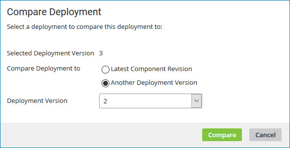Package versions 2 and 3 are selected in the Compare Deployment dialog.