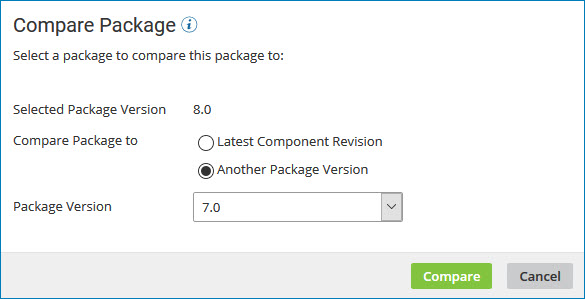 Package versions 7.0 and 8.0 are selected in the Compare Package dialog.