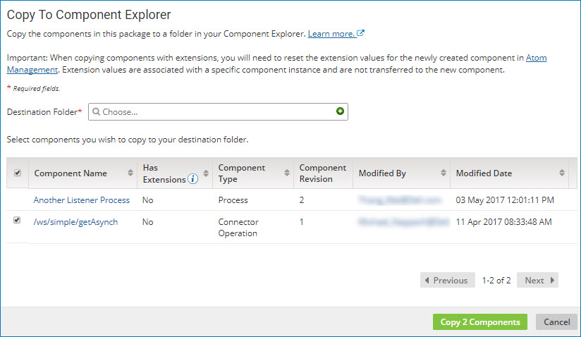 Copy to Component Explorer dialog.