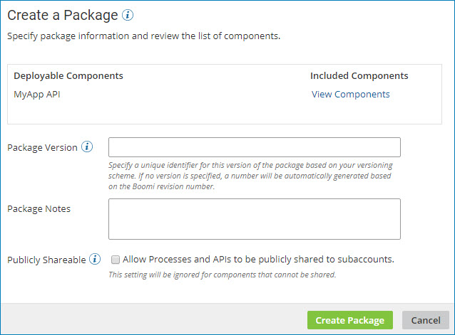 Create a package dialog.