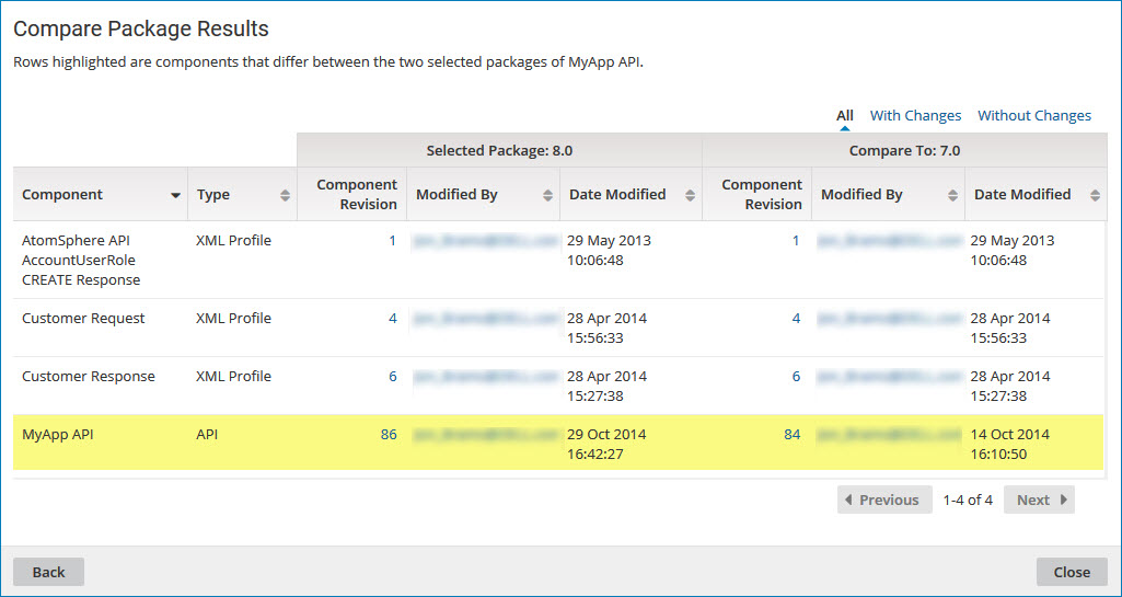 Compare Package Results dialog.