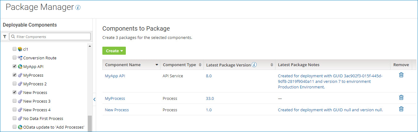 Components to Package table with a list of selected components.