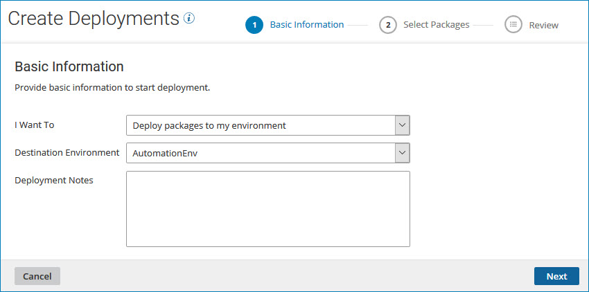 Basic information screen of Create Deployments wizard.