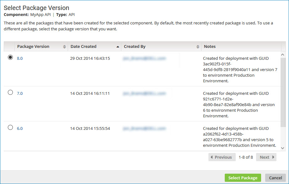 Select package version dialog.