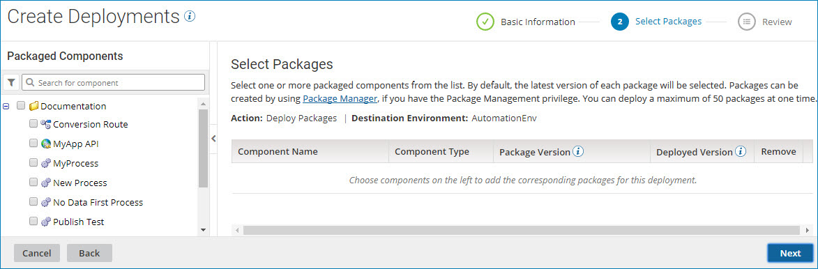 Select Packages page of Create Deployments wizard.