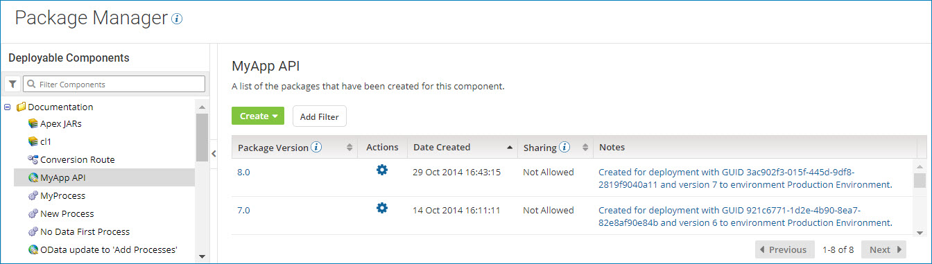 Selected component displays its package history.