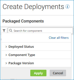 The list of filters available on the Create Deployments component explorer.