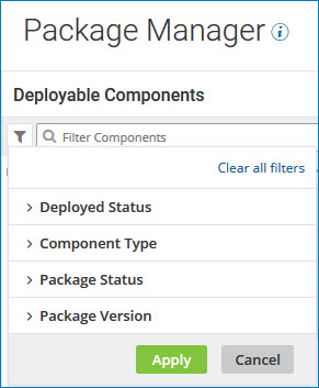 The list of filters on the Package Manager component explorer.