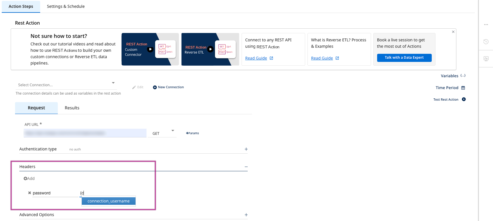 Using a custom connection in an REST Action
