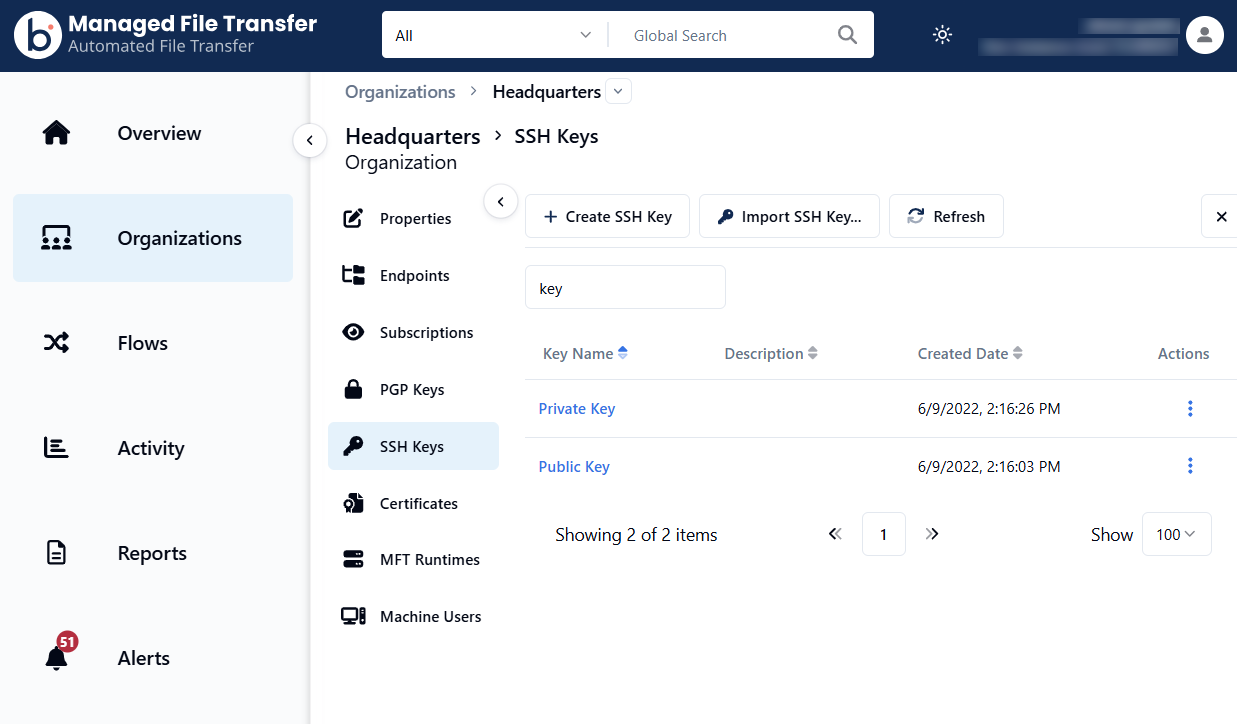 screenshot of the SSH key screen