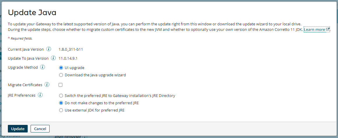 The Update Java dialog box with options for the upgrade method, migrate certificates, and JRE preferences.