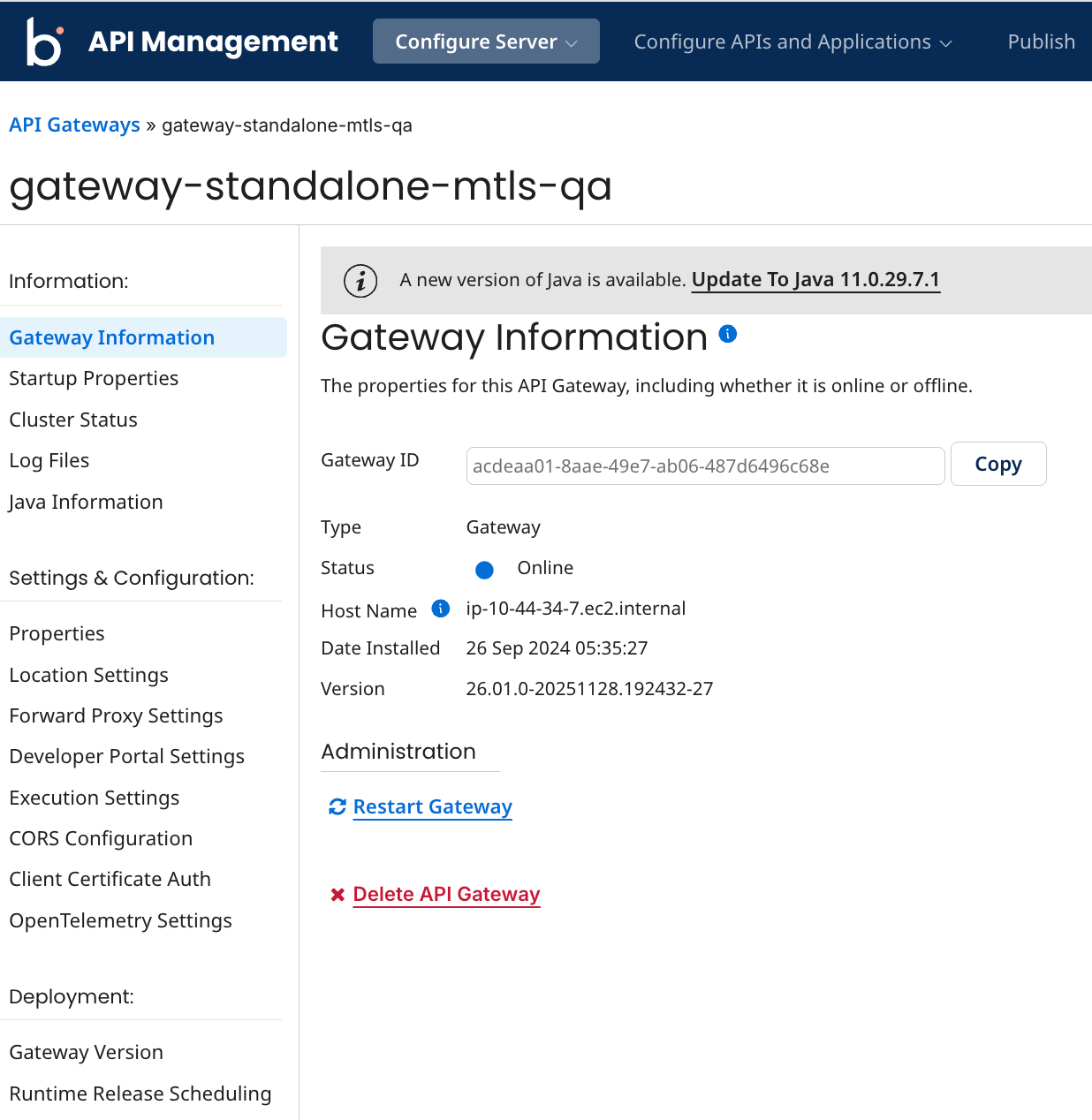 The API Gateway settings page