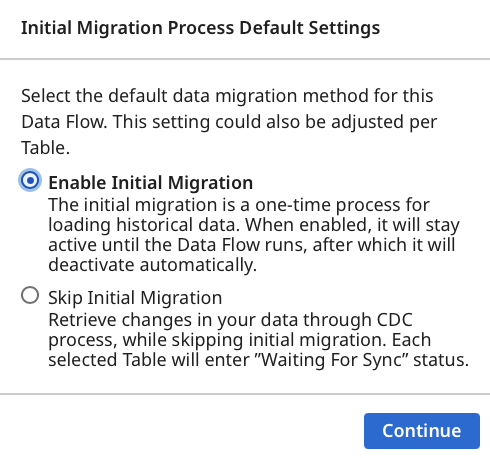 Initial Migration Process Default Settings dialog with Enable Initial Migration and Skip Initial Migration options