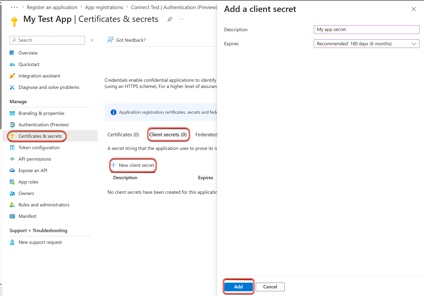 Creating a client secret page
