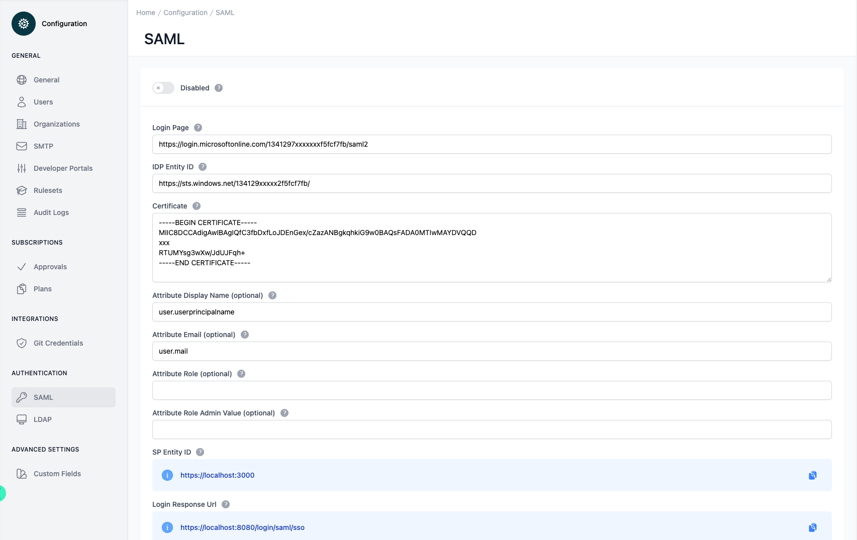 Administration Portal - Configuration - SAML