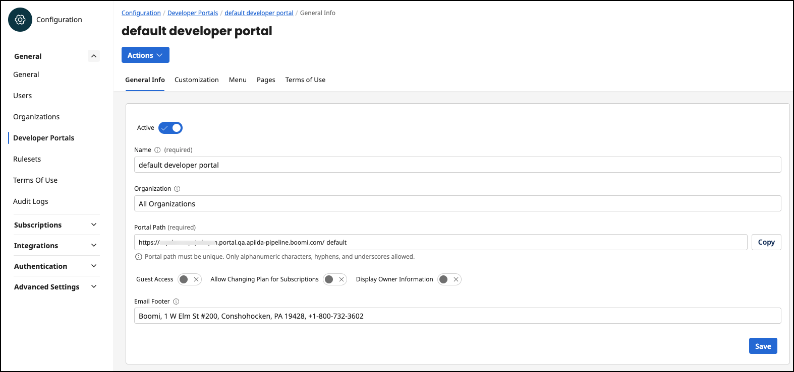 Administration Portal - Developer Portal - General Info