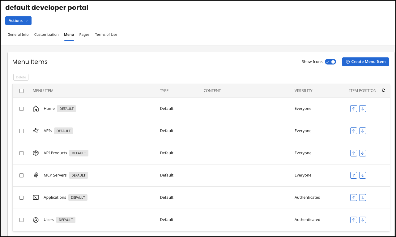 Administration Portal - Developer Portal - Menu - List