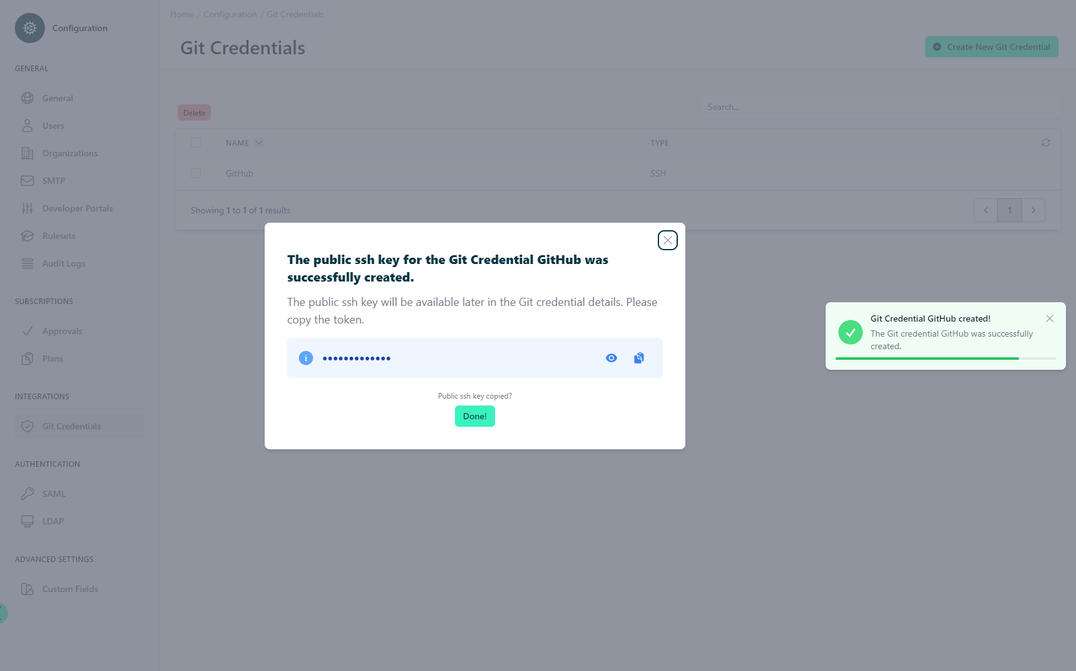 Administration Portal - Configuration - Git Credentials - Create New Git Credential