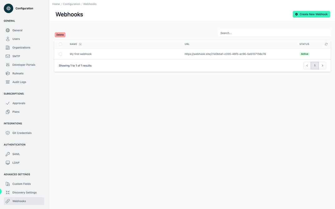 Administration Portal - Configurations - Webhooks
