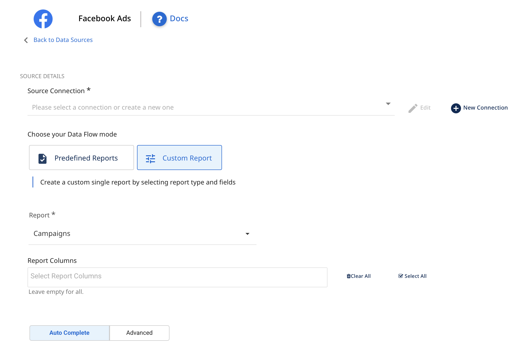 Custom Report configuration panel showing report type selector and field picker for building a single-table report
