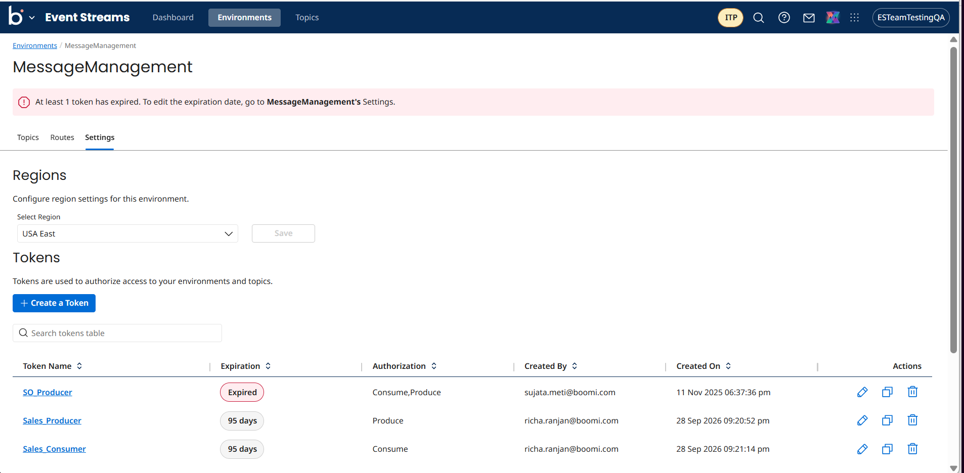 Environment token management settings with token table