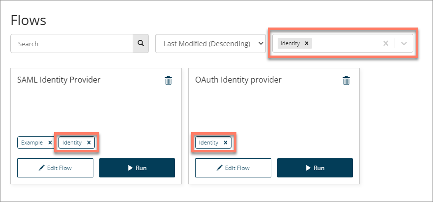 The Flows page showing only the "Identity" flow label flows