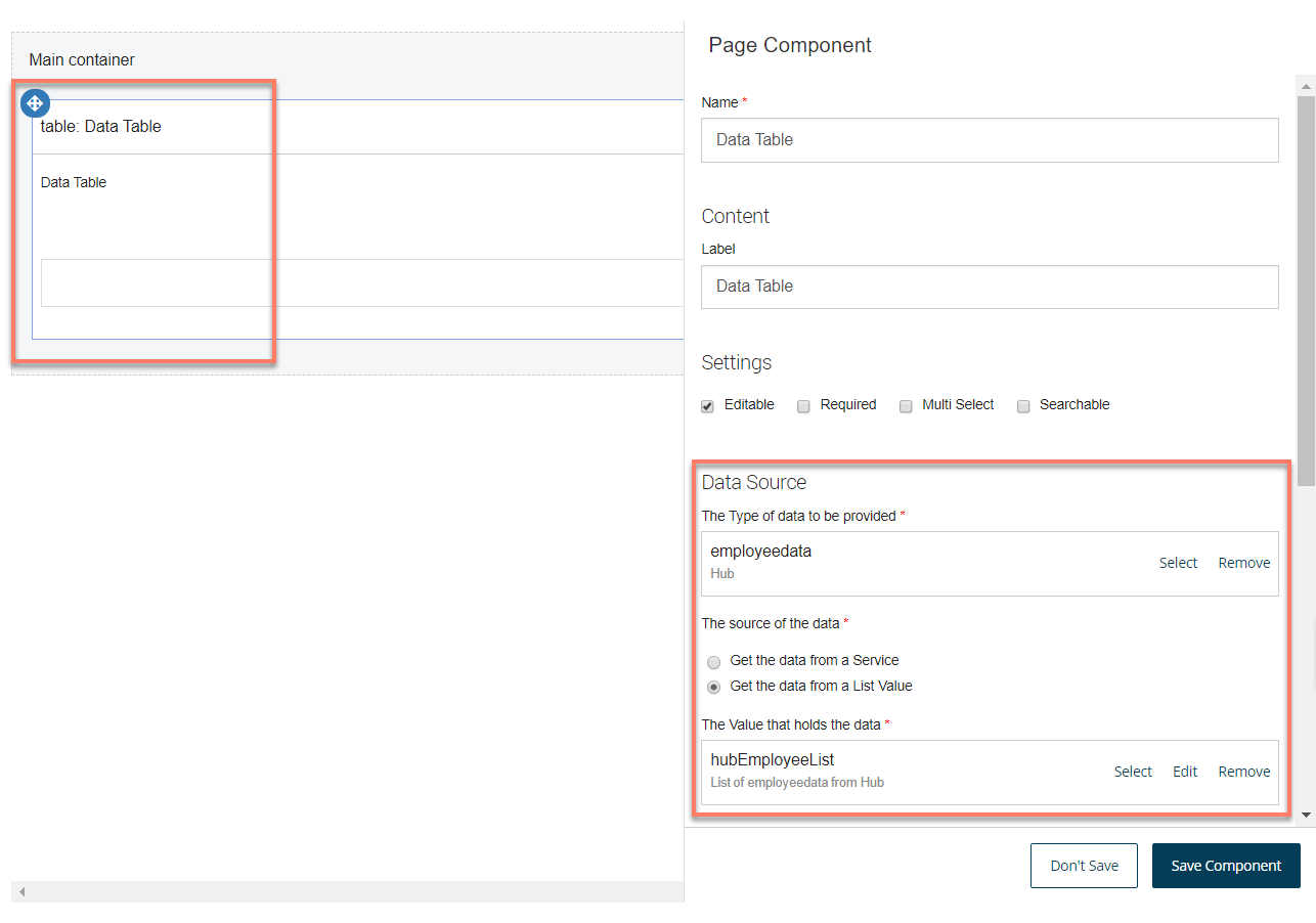 Setting up the page step to display a table