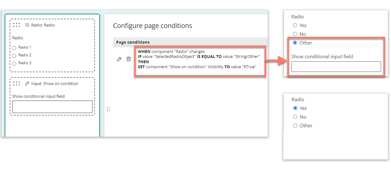 An example page condition showing how to change the visibility of a page component