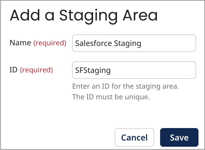 Add a Staging Area dialog